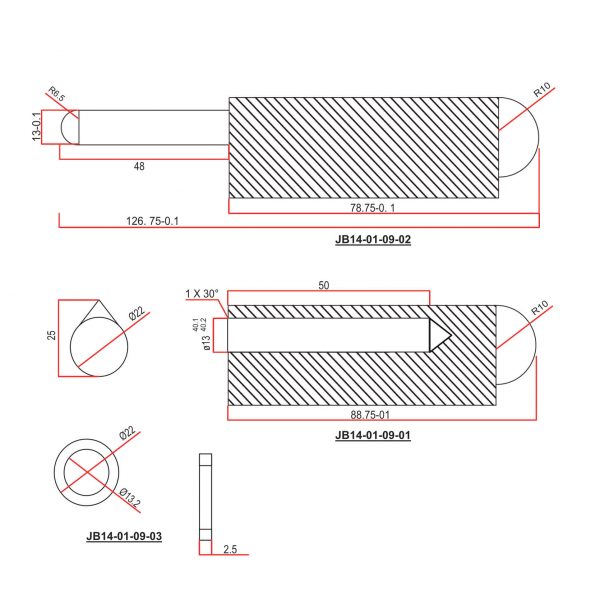 180mm x 22mm Bullet Hinge cad drawing